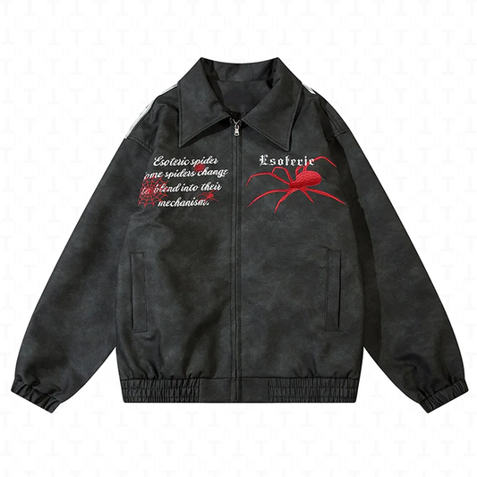 Embroidered Spider Leather Motorcycle Jacket