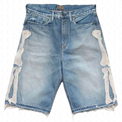 Leather Bone Embroidery Denim Short