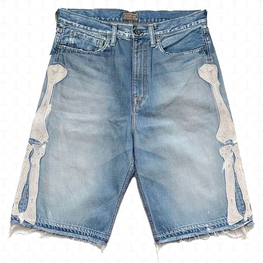 Leather Bone Embroidery Denim Short